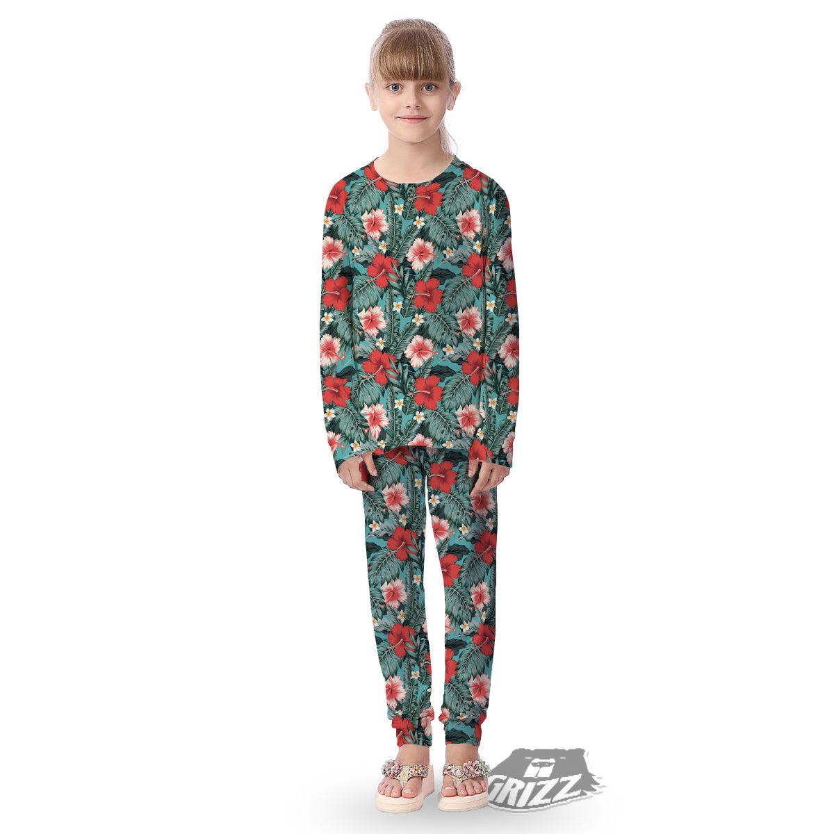 Hibiscus Flowers Tropical Print Pattern Kid's Pajamas-grizzshop