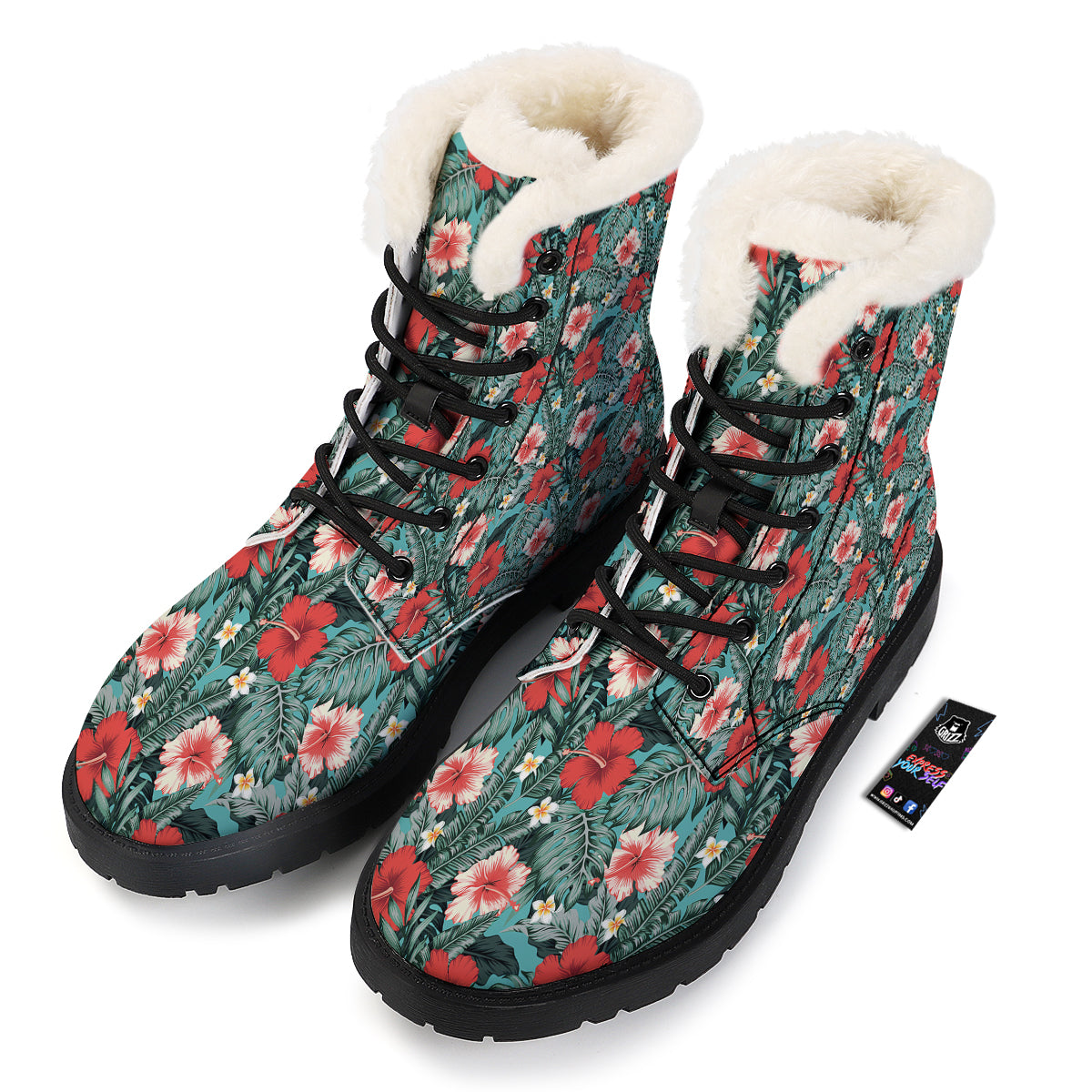 Hibiscus Flowers Tropical Print Pattern Winter Boots-grizzshop
