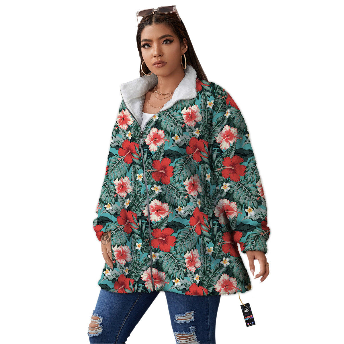 Hibiscus Flowers Tropical Print Pattern Women's Sherpa Jacket-grizzshop