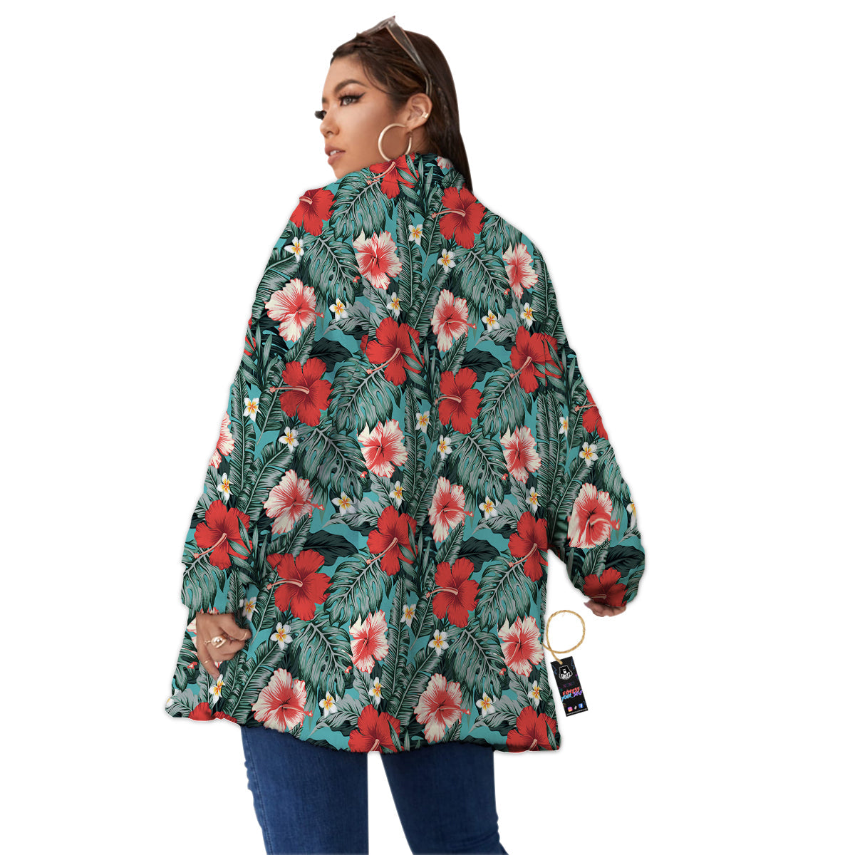 Hibiscus Flowers Tropical Print Pattern Women's Sherpa Jacket-grizzshop
