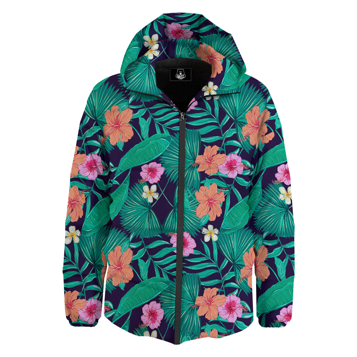 Hibiscus Leaves Tropical Print Pattern Down Jacket-grizzshop