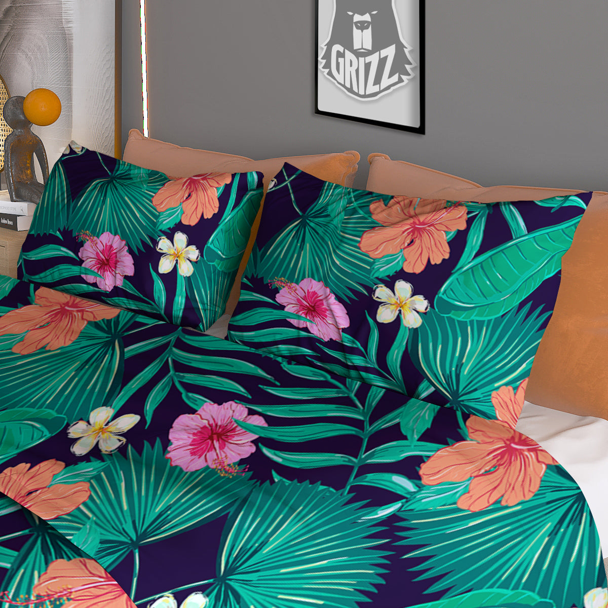 Hibiscus Leaves Tropical Print Pattern Duvet Cover Bedding Set