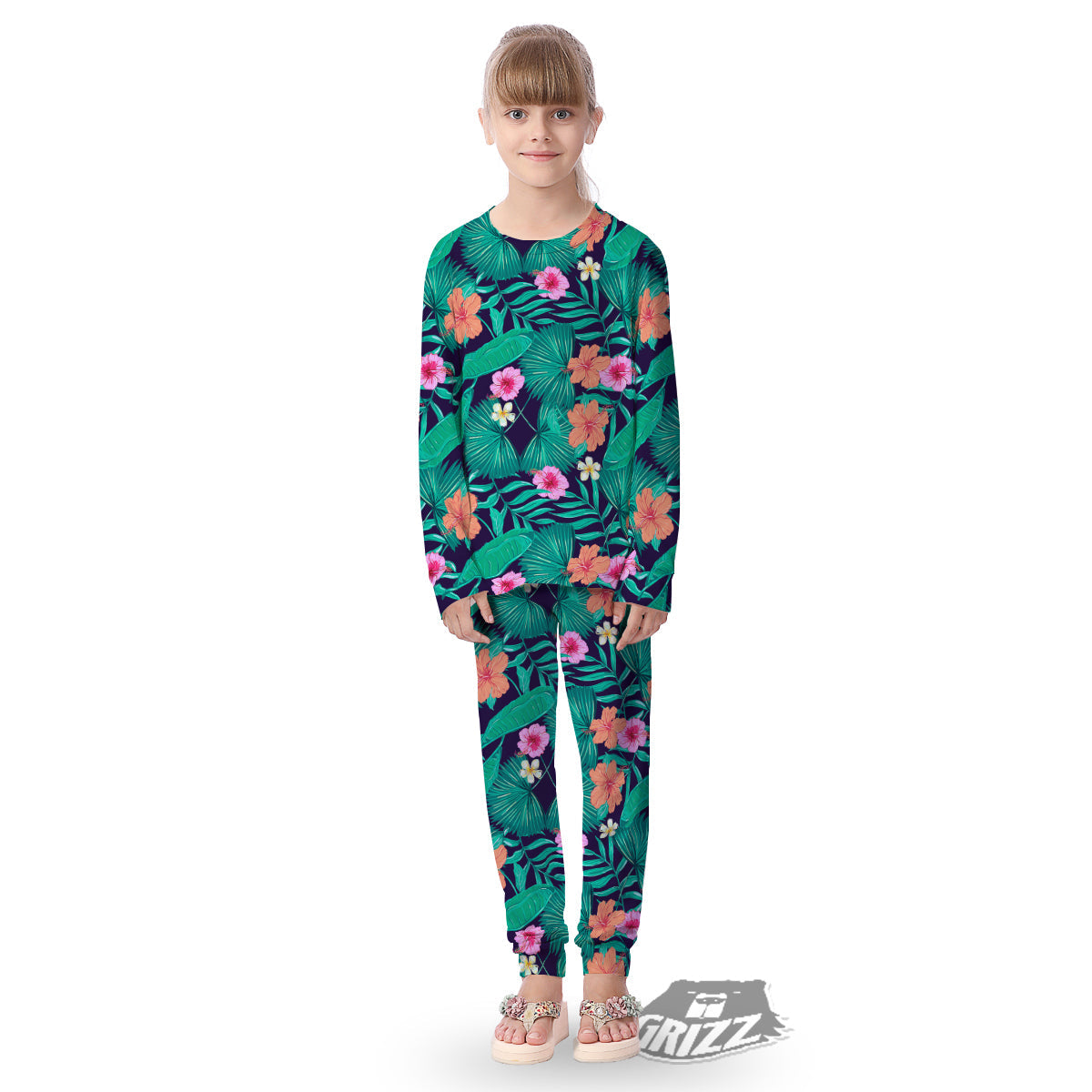 Hibiscus Leaves Tropical Print Pattern Kid's Pajamas-grizzshop