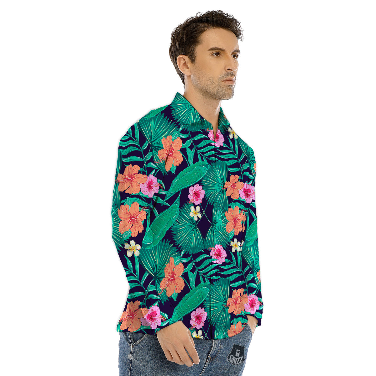 Hibiscus Leaves Tropical Print Pattern Men's Dress Shirts-grizzshop
