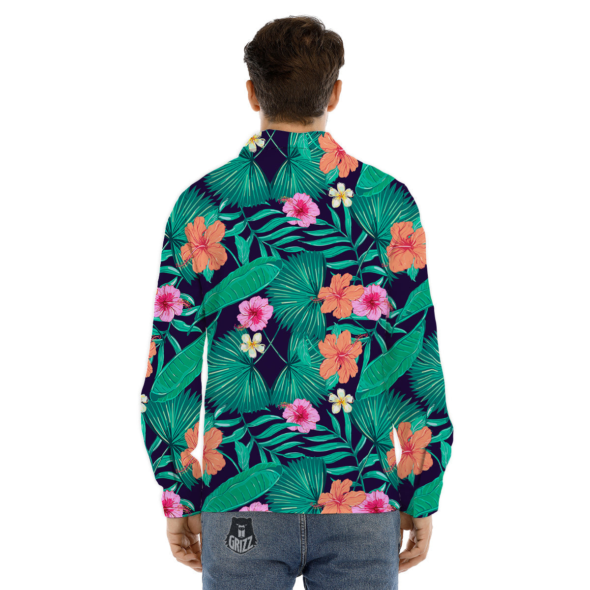 Hibiscus Leaves Tropical Print Pattern Men's Dress Shirts-grizzshop