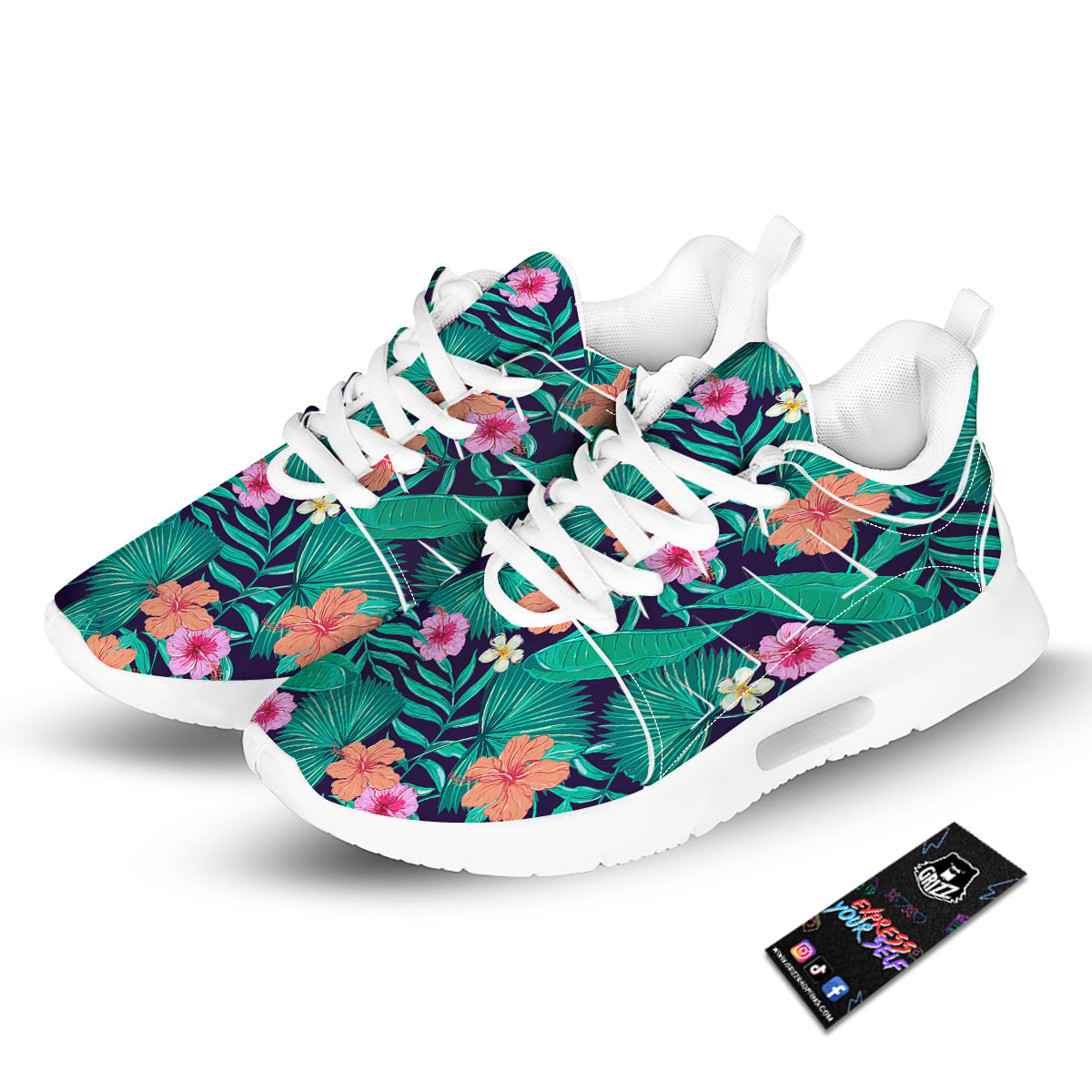 Hibiscus Leaves Tropical Print Pattern Tennis Shoes-grizzshop