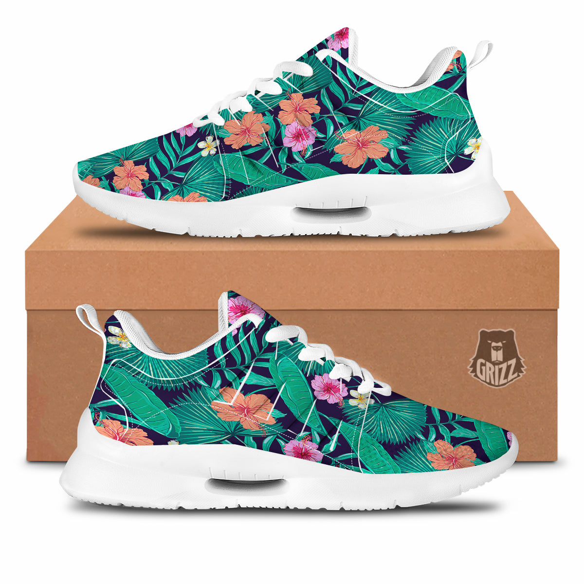 Hibiscus Leaves Tropical Print Pattern Tennis Shoes-grizzshop