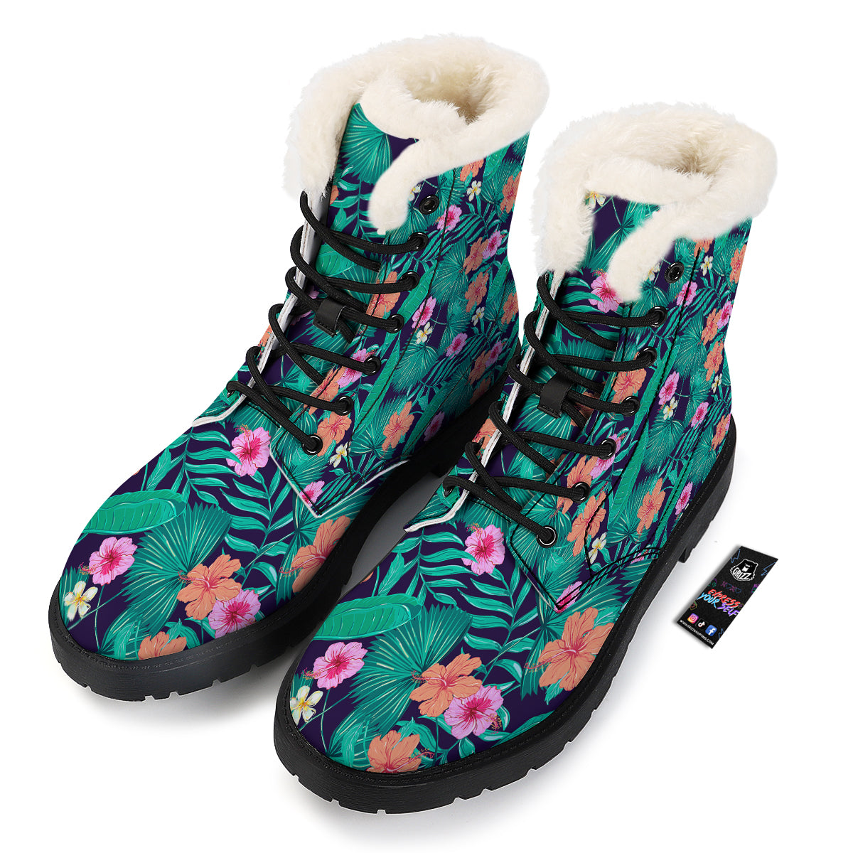 Hibiscus Leaves Tropical Print Pattern Winter Boots-grizzshop