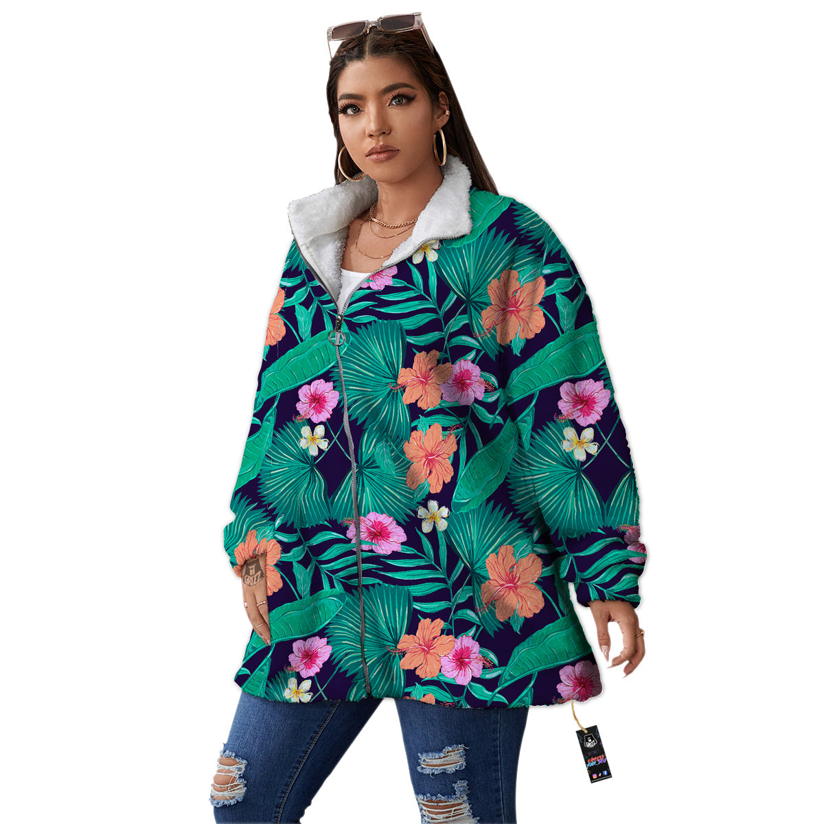 Hibiscus Leaves Tropical Print Pattern Women's Sherpa Jacket-grizzshop