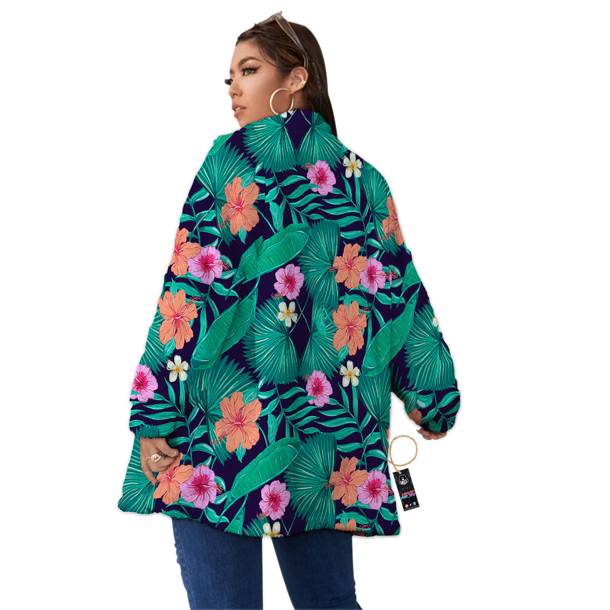 Hibiscus Leaves Tropical Print Pattern Women's Sherpa Jacket-grizzshop