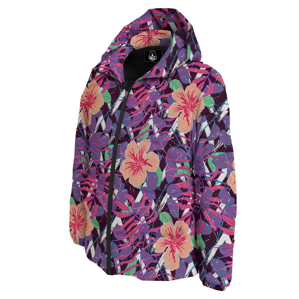 Hibiscus Purple Tropical Print Pattern Down Jacket-grizzshop