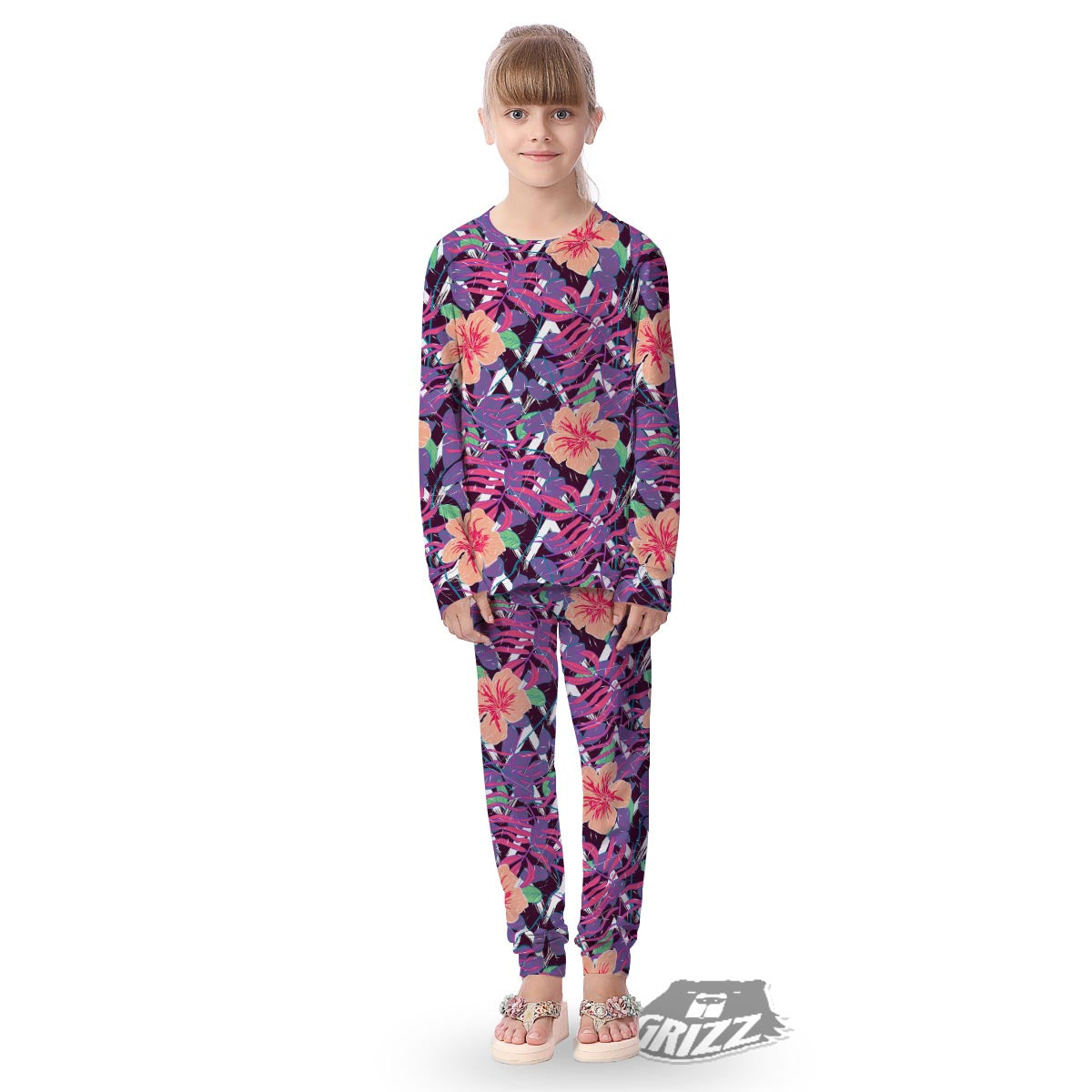 Hibiscus Purple Tropical Print Pattern Kid's Pajamas-grizzshop