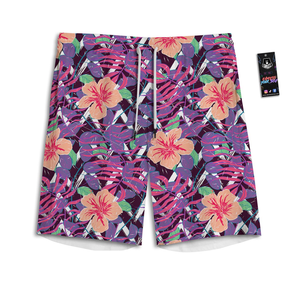 Hibiscus Purple Tropical Print Pattern Men's Athletic Shorts