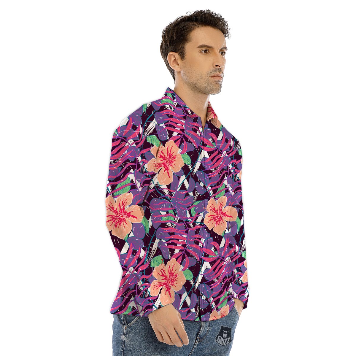 Hibiscus Purple Tropical Print Pattern Men's Dress Shirts-grizzshop