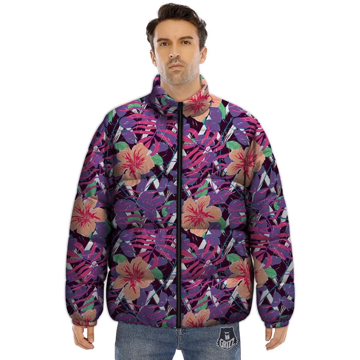 Hibiscus Purple Tropical Print Pattern Puffer Jacket-grizzshop