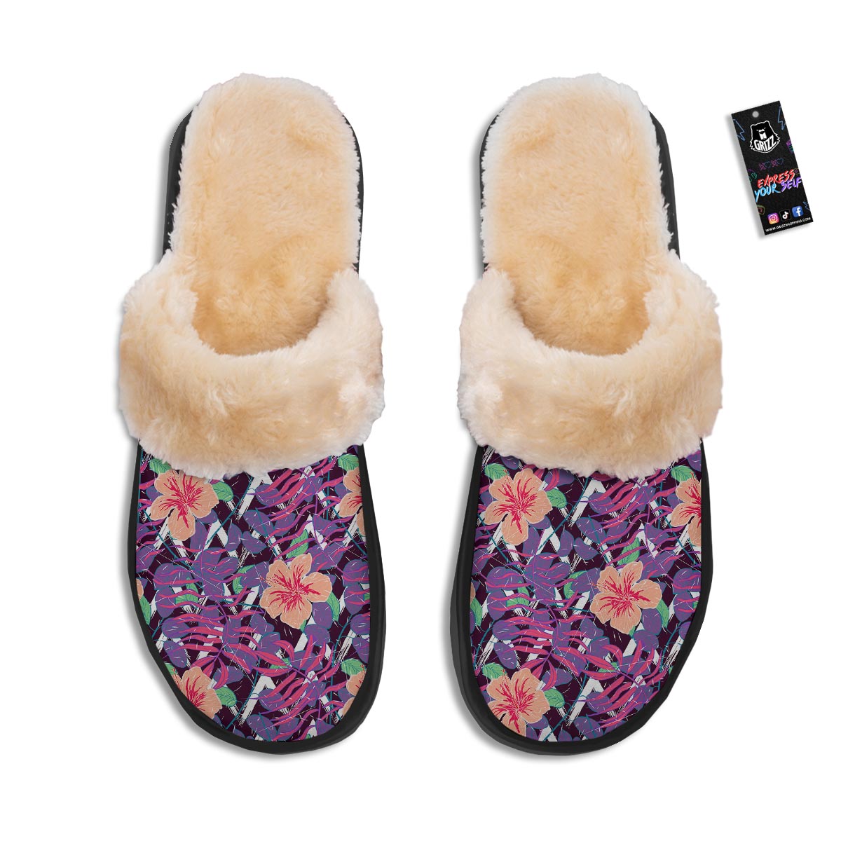 Hibiscus Purple Tropical Print Pattern Slippers-grizzshop