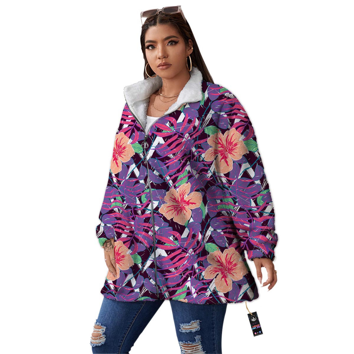 Hibiscus Purple Tropical Print Pattern Women's Sherpa Jacket-grizzshop
