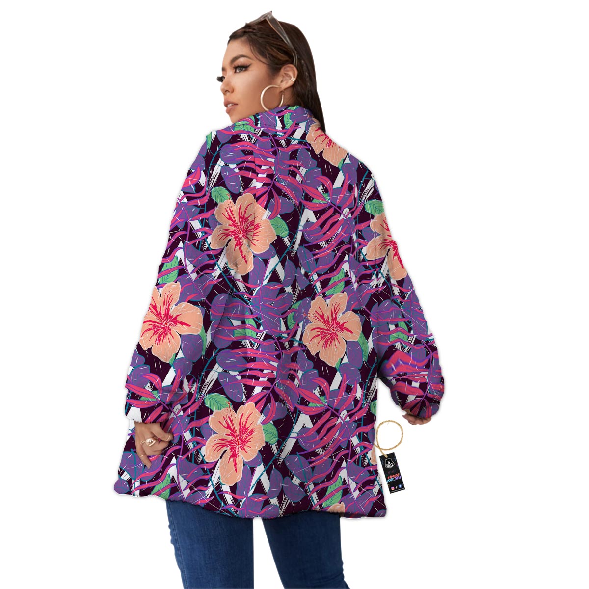 Hibiscus Purple Tropical Print Pattern Women's Sherpa Jacket-grizzshop