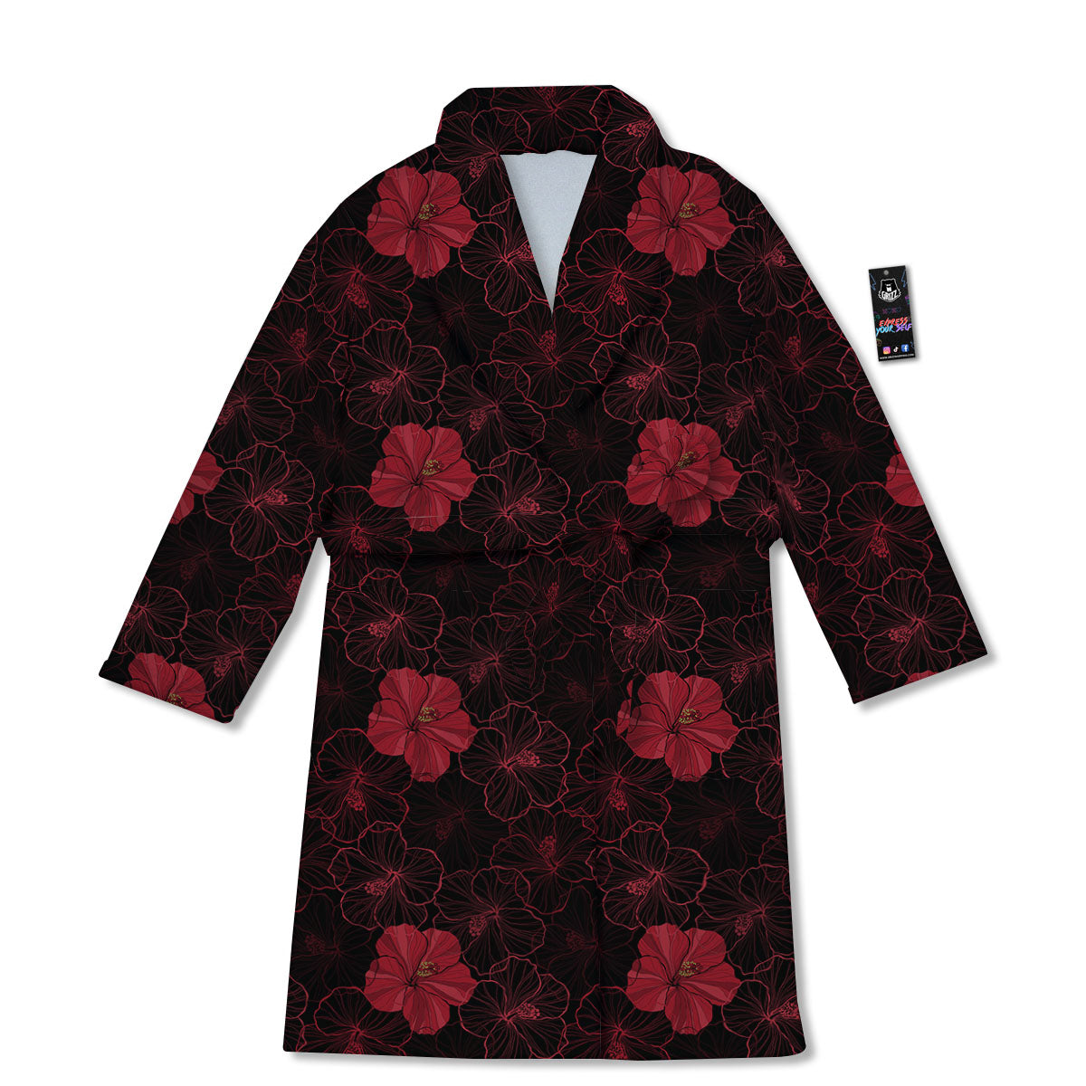 Hibiscus Red And Black Print Pattern Bathrobe-grizzshop