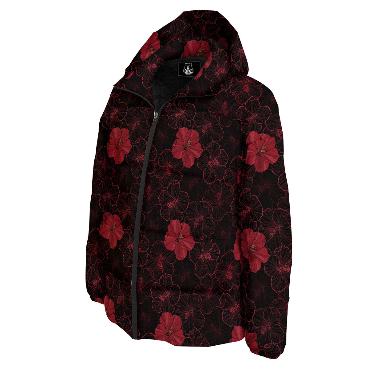 Hibiscus Red And Black Print Pattern Down Jacket-grizzshop