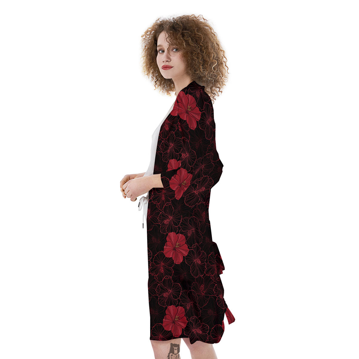 Hibiscus Red And Black Print Pattern Kimono-grizzshop
