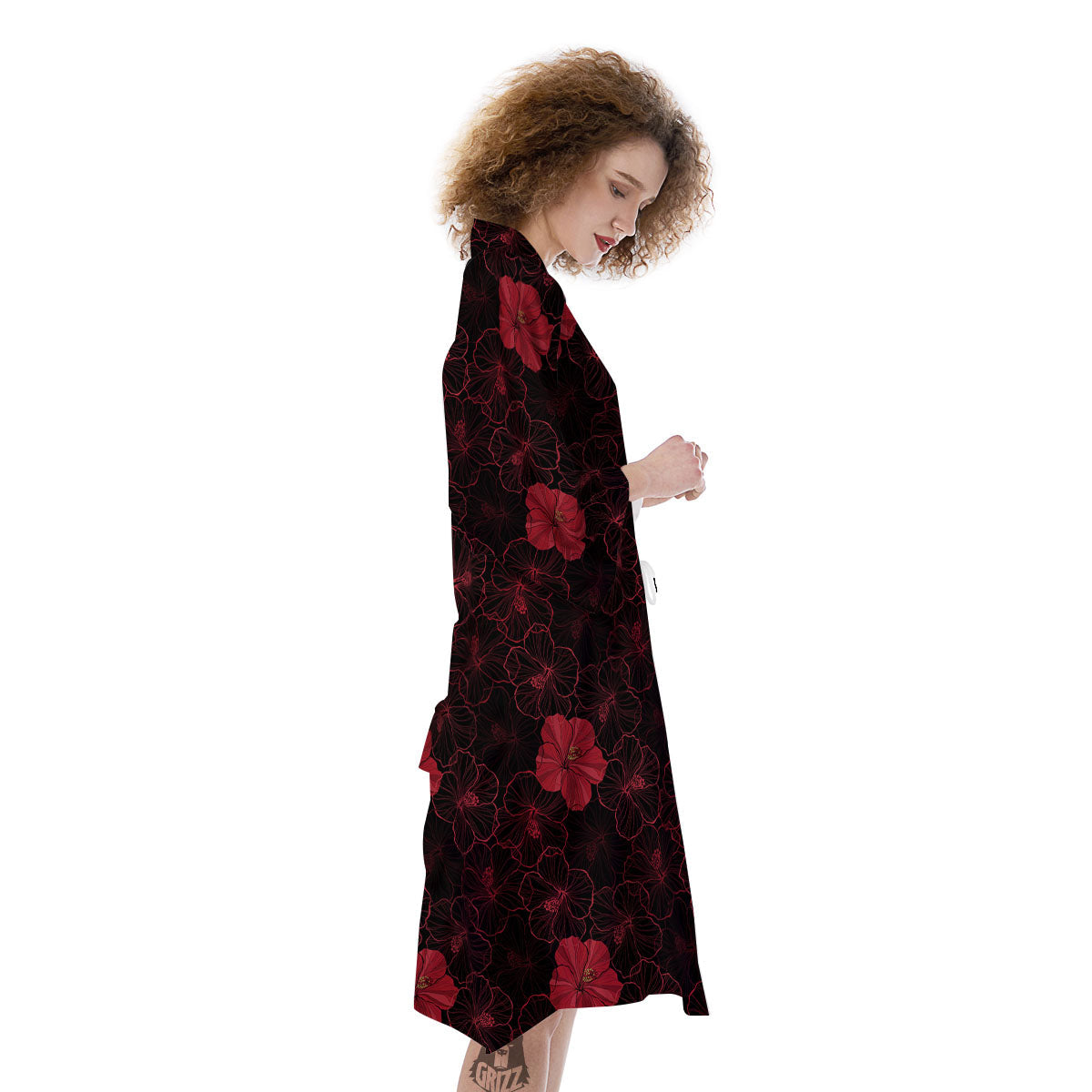 Hibiscus Red And Black Print Pattern Kimono-grizzshop