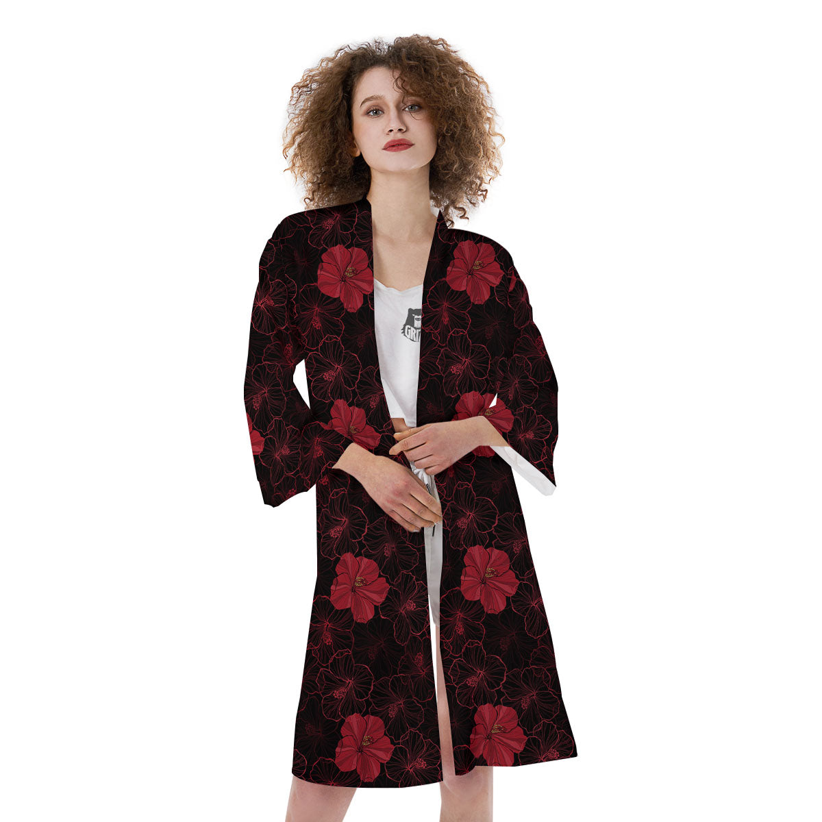 Hibiscus Red And Black Print Pattern Kimono-grizzshop