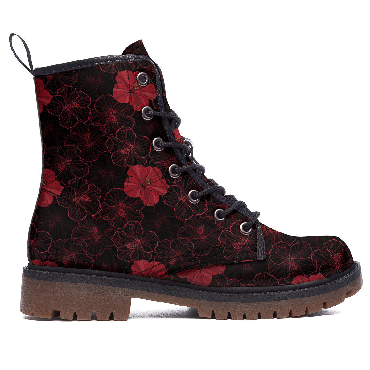 Hibiscus Red And Black Print Pattern Work Boots-grizzshop