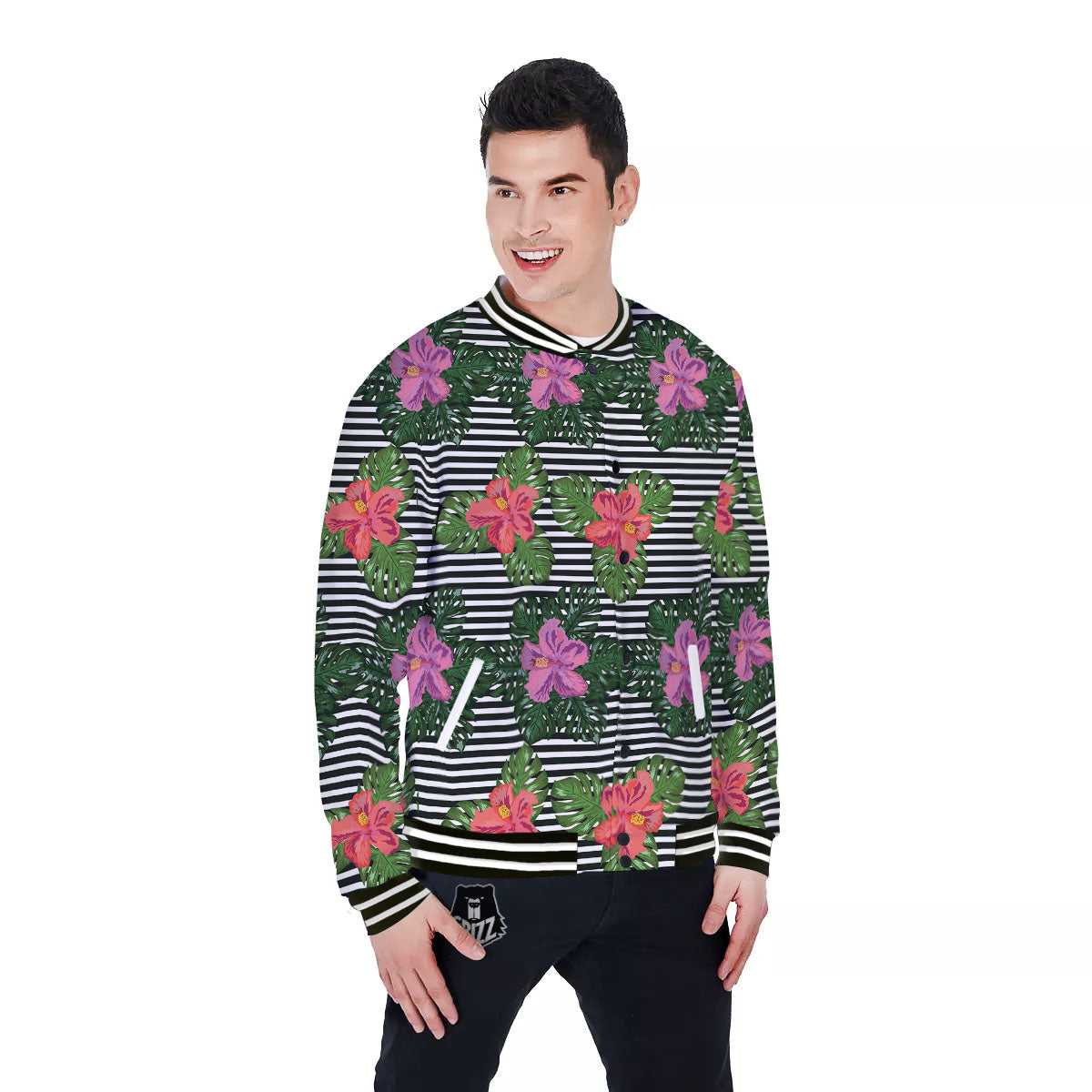 Hibiscus Striped Pink Print Pattern Baseball Jacket-grizzshop
