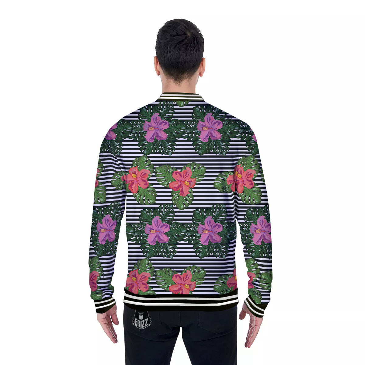 Hibiscus Striped Pink Print Pattern Baseball Jacket-grizzshop