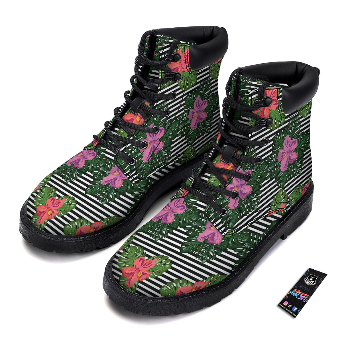 Hibiscus Striped Pink Print Pattern Boots-grizzshop