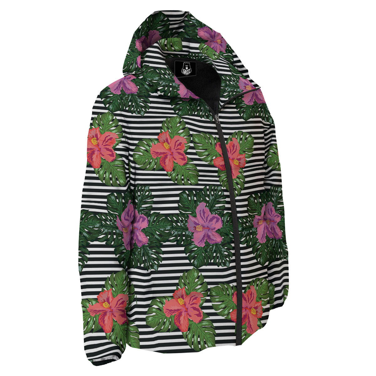 Hibiscus Striped Pink Print Pattern Down Jacket-grizzshop