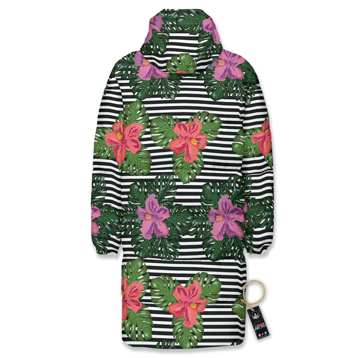 Hibiscus Striped Pink Print Pattern Long Down Jacket-grizzshop