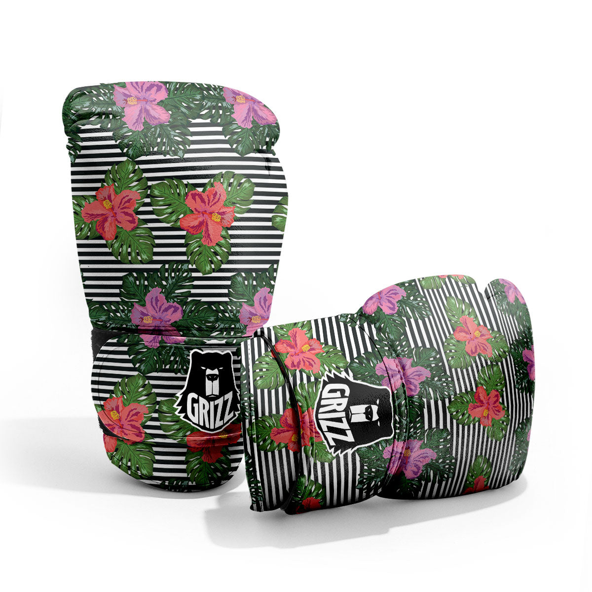 Hibiscus Striped Pink Print Pattern Pro Boxing Glove