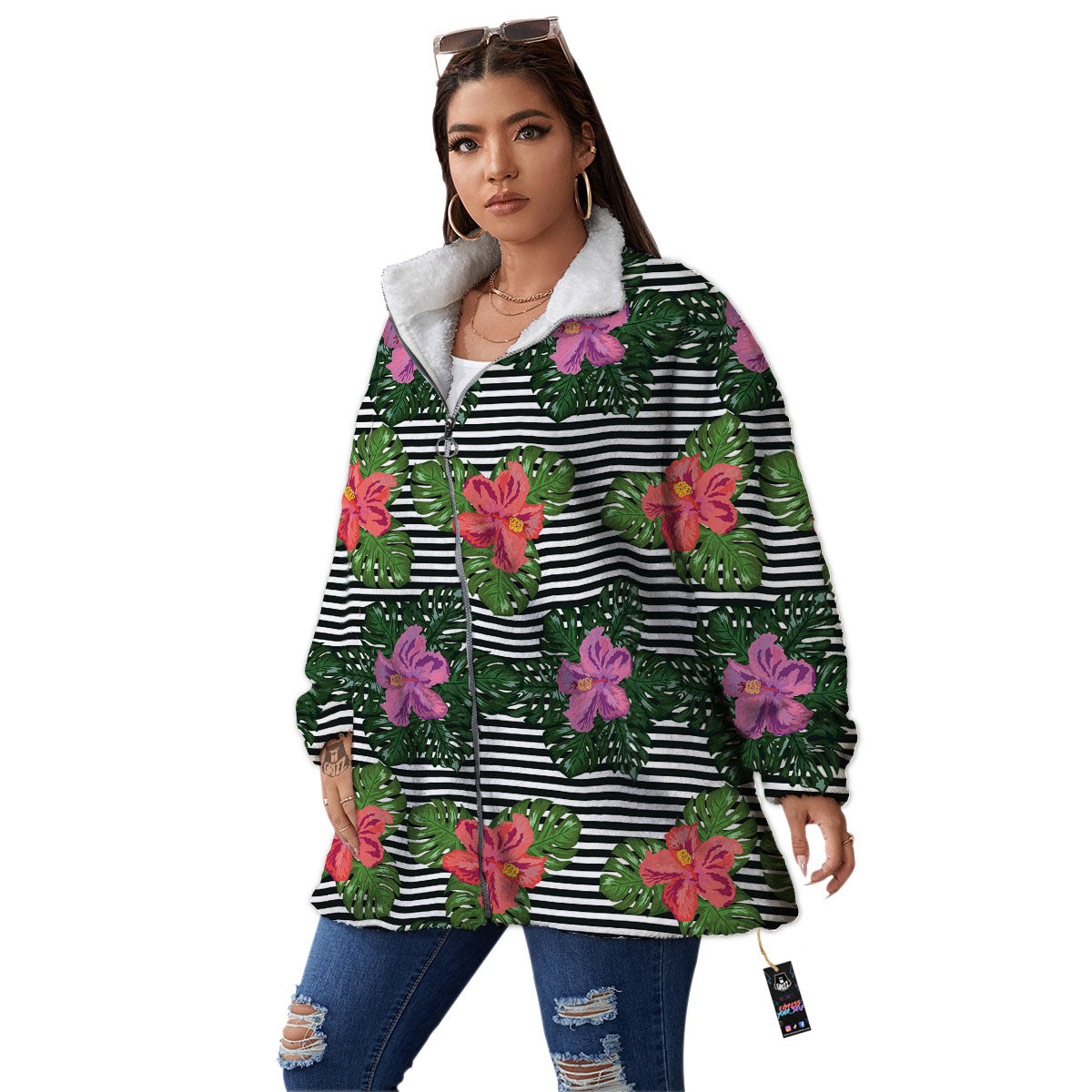 Hibiscus Striped Pink Print Pattern Women's Sherpa Jacket-grizzshop