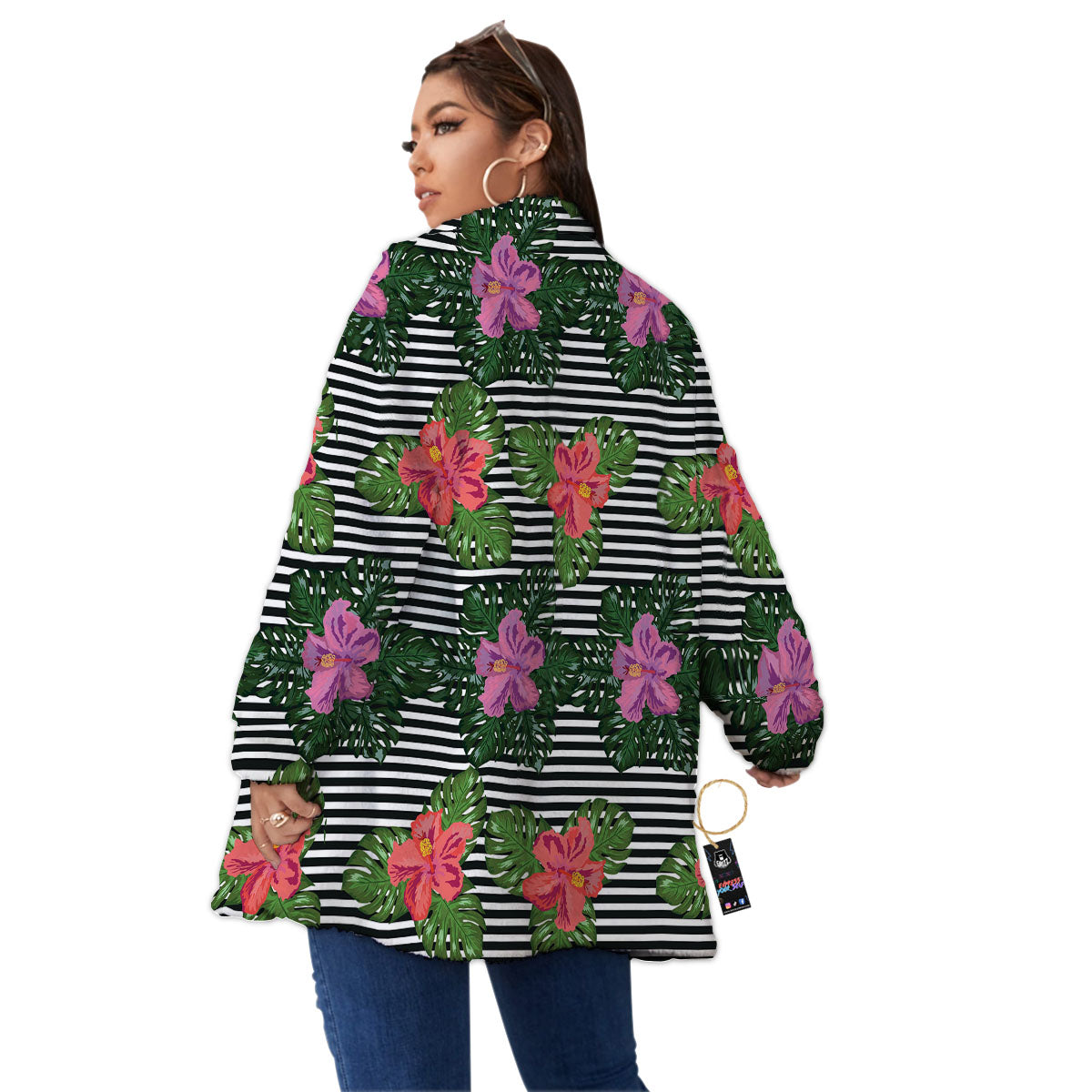 Hibiscus Striped Pink Print Pattern Women's Sherpa Jacket-grizzshop