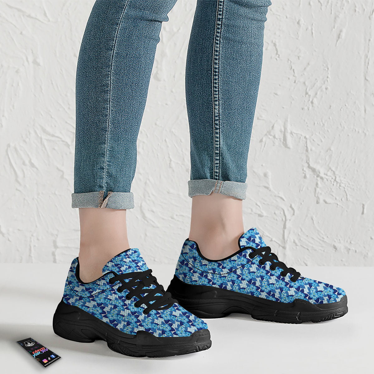 Hibiscus Tropical Blue Print Pattern Black Chunky Shoes-grizzshop