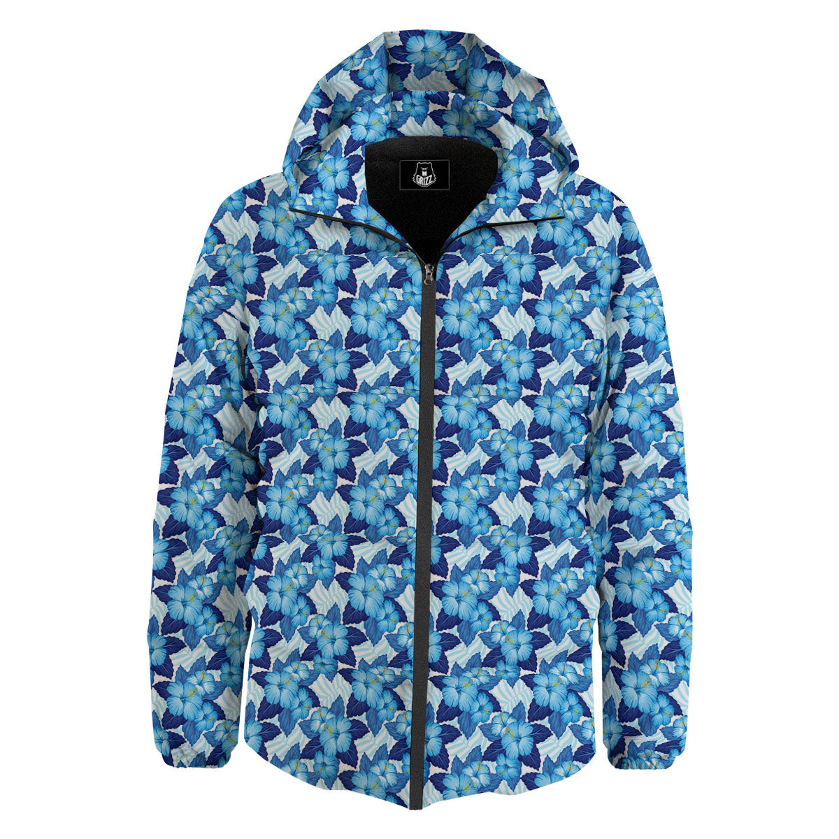 Hibiscus Tropical Blue Print Pattern Down Jacket-grizzshop