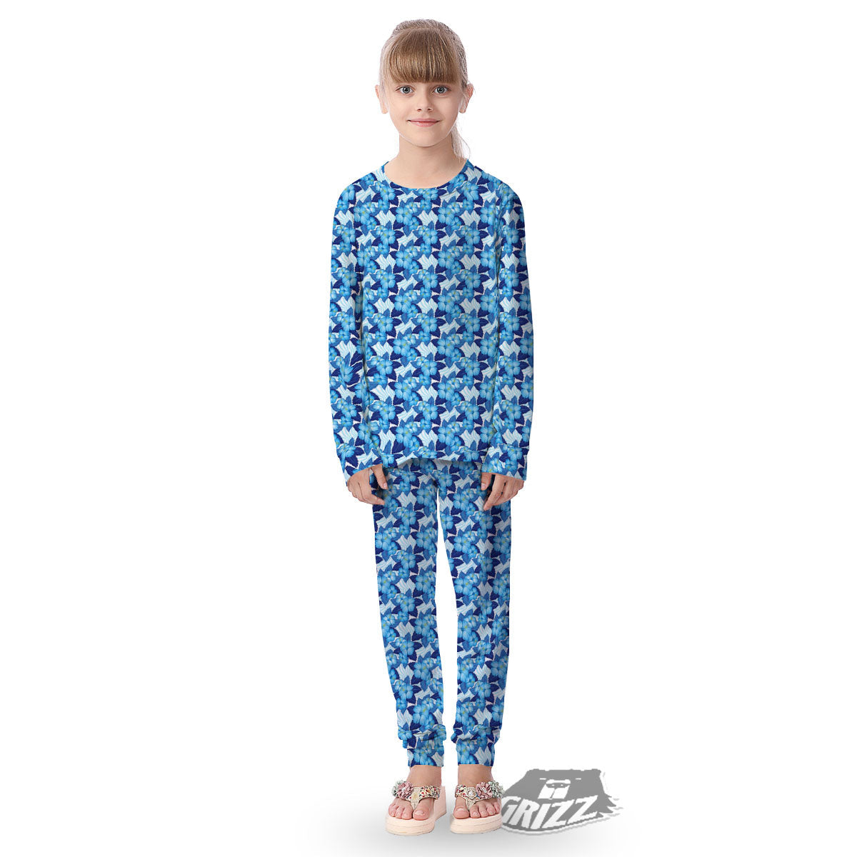 Hibiscus Tropical Blue Print Pattern Kid's Pajamas-grizzshop