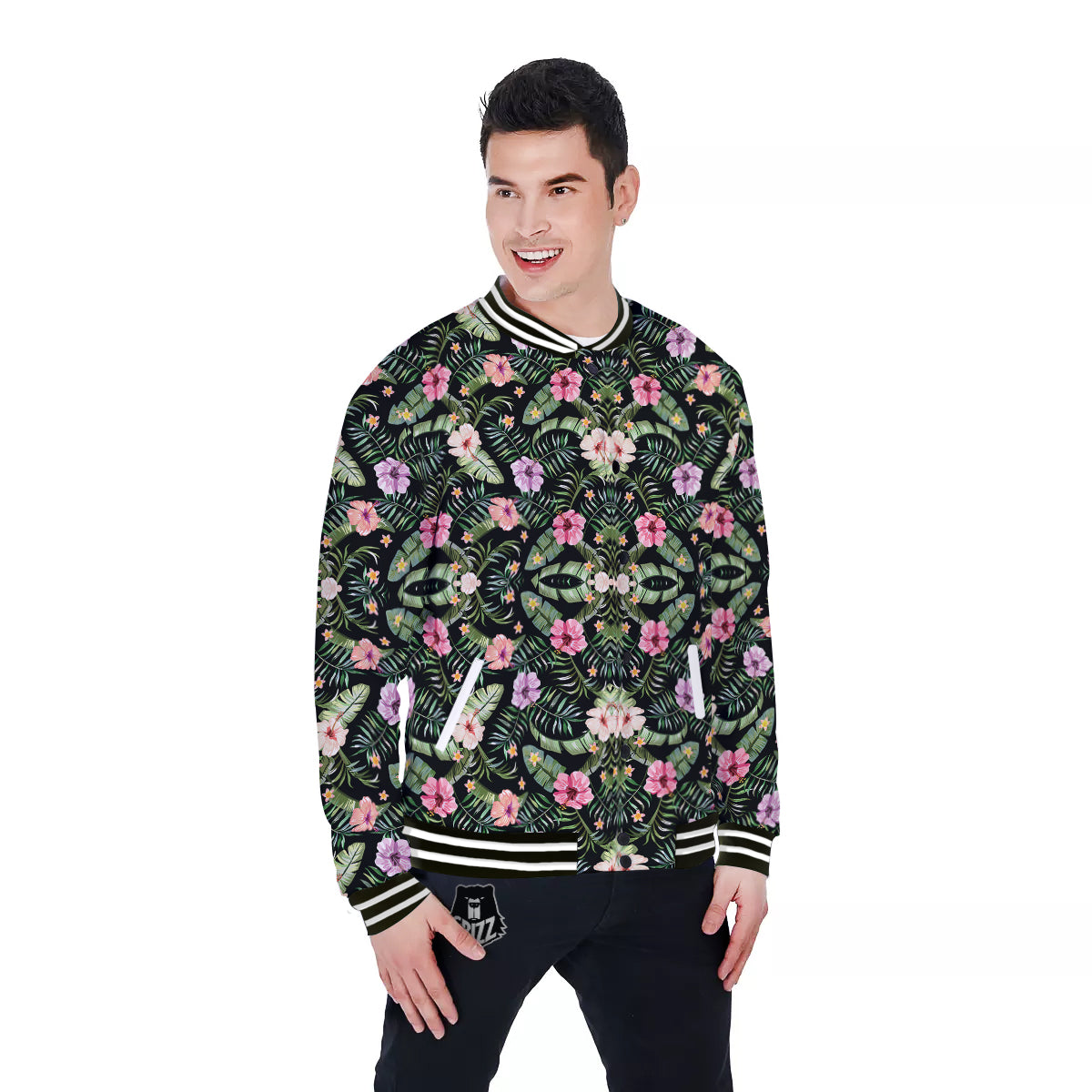 Hibiscus Tropical Floral Vintage Print Pattern Baseball Jacket-grizzshop