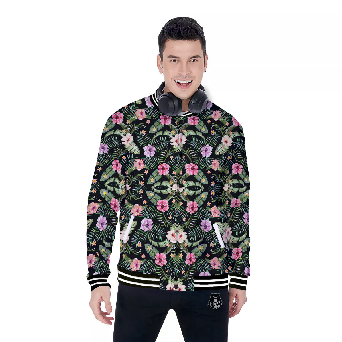 Hibiscus Tropical Floral Vintage Print Pattern Baseball Jacket-grizzshop