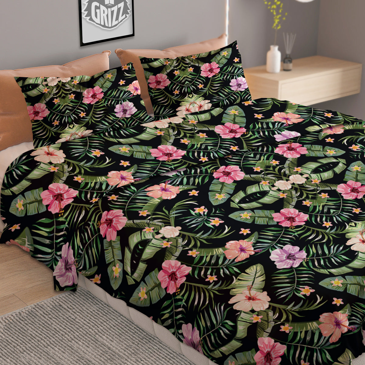 Hibiscus Tropical Floral Vintage Print Pattern Duvet Cover Bedding Set