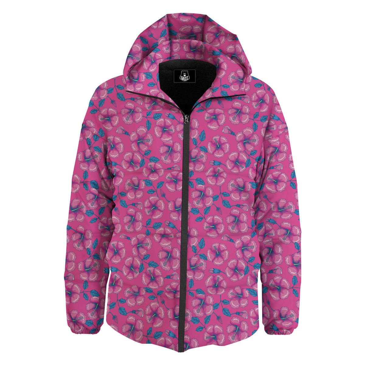 Hibiscus Tropical Hot Pink Print Pattern Down Jacket-grizzshop