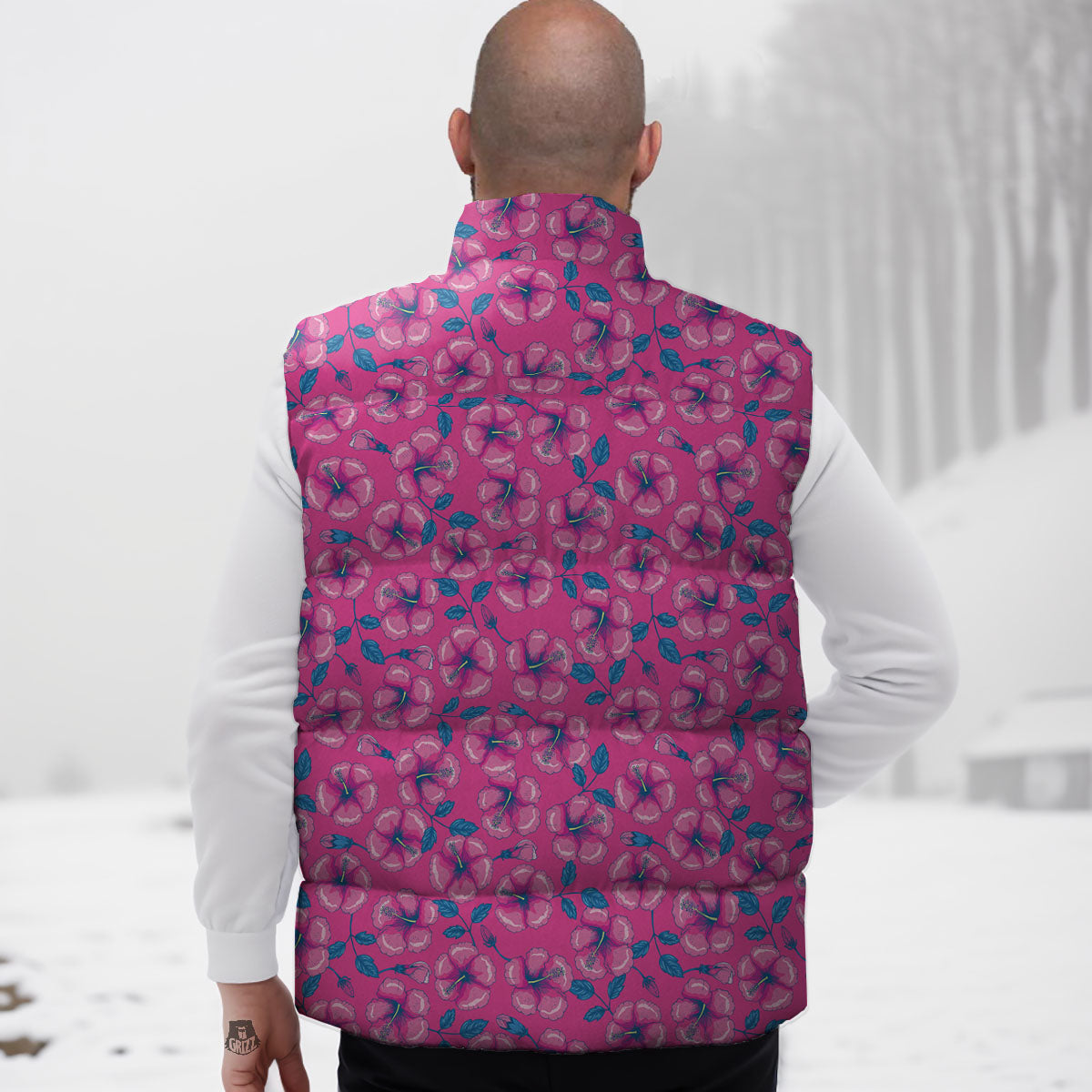 Hibiscus Tropical Hot Pink Print Pattern Down Vest-grizzshop