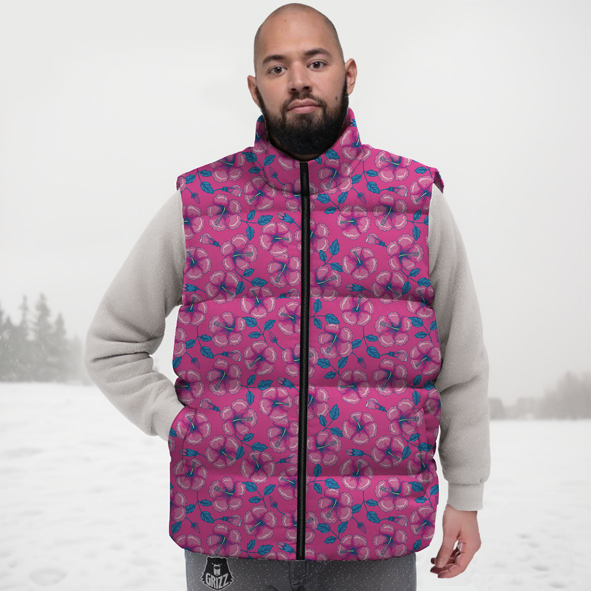 Hibiscus Tropical Hot Pink Print Pattern Down Vest-grizzshop