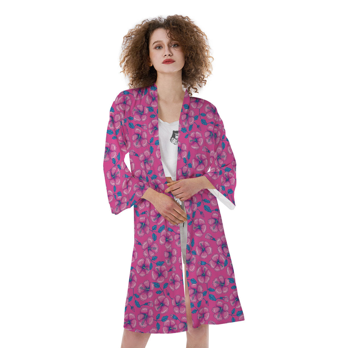 Hibiscus Tropical Hot Pink Print Pattern Kimono-grizzshop