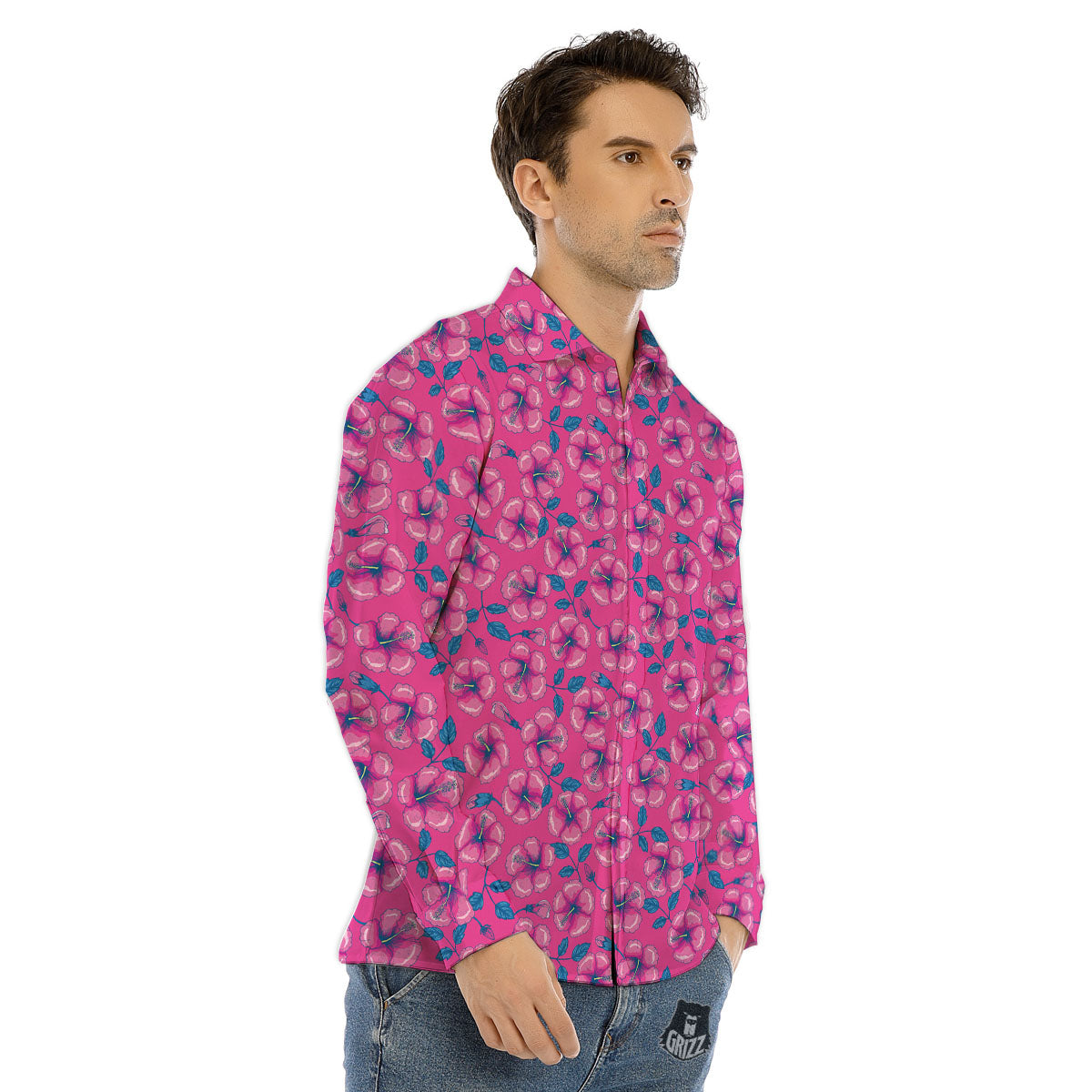 Hibiscus Tropical Hot Pink Print Pattern Men's Dress Shirts-grizzshop