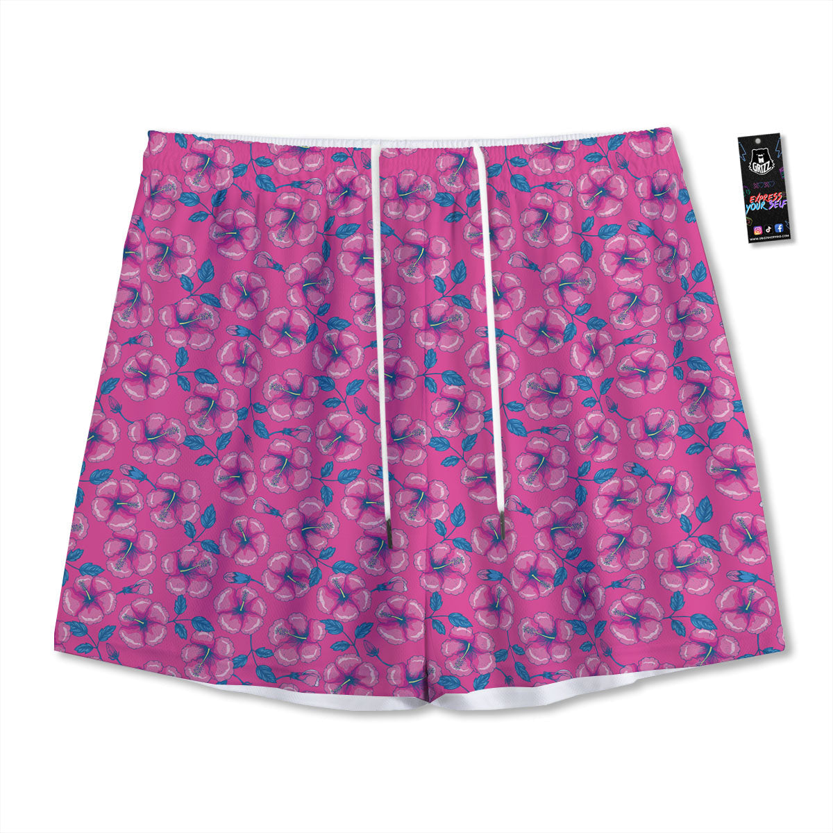 Hibiscus Tropical Hot Pink Print Pattern Mesh Shorts-grizzshop