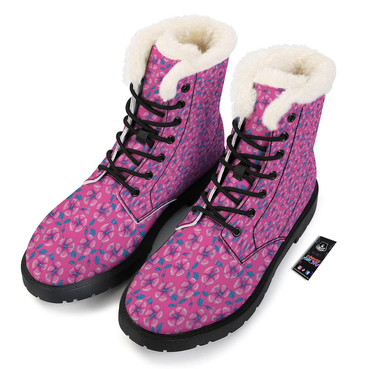 Hibiscus Tropical Hot Pink Print Pattern Winter Boots-grizzshop
