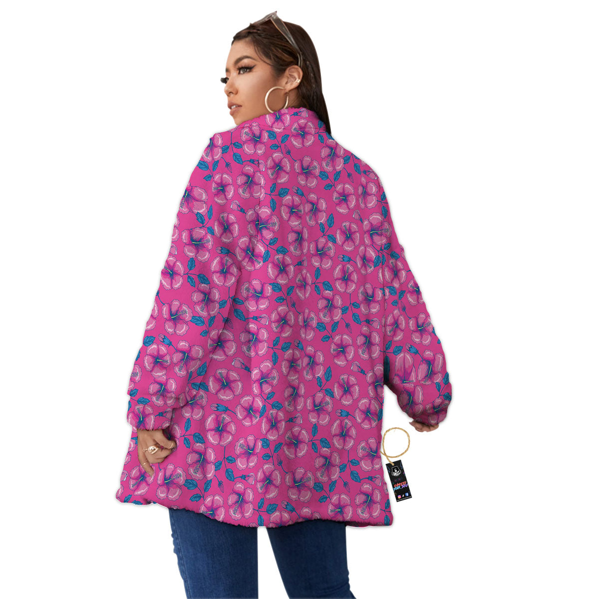 Hibiscus Tropical Hot Pink Print Pattern Women's Sherpa Jacket-grizzshop